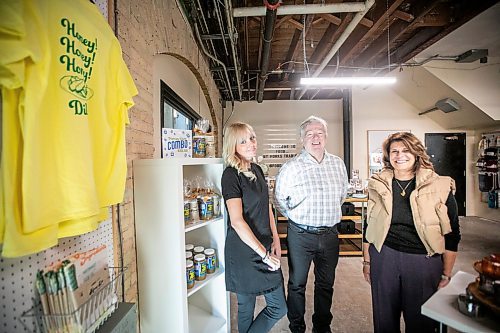 MIKAELA MACKENZIE / FREE PRESS
	
Megan Basaraba (left), Brad Hewlett, and Grace Anastasiadis on opening day at their new food store in the former Pancake House location at The Forks on Friday, Oct. 4, 2024. The store includes space for local food makers to create pop-ups and test new products. 

For Gabby story.
Winnipeg Free Press 2024