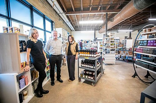 MIKAELA MACKENZIE / FREE PRESS
	
Megan Basaraba (left), Brad Hewlett, and Grace Anastasiadis on opening day at their new food store in the former Pancake House location at The Forks on Friday, Oct. 4, 2024. The store includes space for local food makers to create pop-ups and test new products. 

For Gabby story.
Winnipeg Free Press 2024