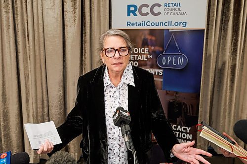 MIKE DEAL / FREE PRESS
Retail Council of Canada President, Diane Brisebois, speaks to the media after talking to about 400 attendees at the Retail Crime Summit that was held at the RBC Convention Centre Friday.
Reporter: Nicole Buffie
241004 - Friday, October 04, 2024.