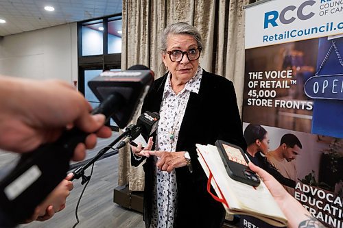 MIKE DEAL / FREE PRESS
Retail Council of Canada President, Diane Brisebois, speaks to the media after talking to about 400 attendees at the Retail Crime Summit that was held at the RBC Convention Centre Friday.
Reporter: Nicole Buffie
241004 - Friday, October 04, 2024.