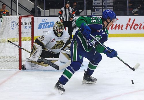 Brandon Wheat Kings goalie Ethan Eskit (50) watches as Swift Current Broncos forward Clarke Caswell (25) handles the puck at the side of the net during Western Hockey League action at Westoba Place on Saturday. (Perry Bergson/The Brandon Sun)
Oct. 5, 2024