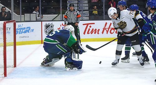 Brandon Wheat Kings forward Marcus Nguyen (72) tries to get his puck on the stick in front of Swift Current Broncos goalie Joey Rocha (35) as a gaggle of Broncos defenders look on during Western Hockey League action at Westoba Place on Saturday. (Perry Bergson/The Brandon Sun)
Oct. 5, 2024