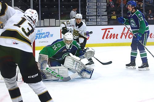 Brandon Wheat Kings forward Dominik Petr (82) awaits a pass from Roger McQueen (13 on the other side of Swift Current Broncos goalie Joey Rocha (35) as defenceman Grayson Burzynski (13) looks on during Western Hockey League action at Westoba Place on Saturday. (Perry Bergson/The Brandon Sun)
Oct. 5, 2024