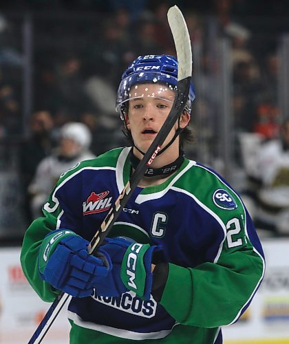 Swift Current Broncos forward Clarke Caswell (25) is shown during Western Hockey League action at Westoba Place against the Brandon Wheat Kings on Oct. 5, 2024. (Perry Bergson/The Brandon Sun)
Oct. 5, 2024