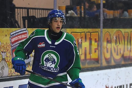 Swift Current Broncos defenceman Josh McGregor (5) is shown during Western Hockey League action at Westoba Place against the Brandon Wheat Kings on Oct. 5, 2024. (Perry Bergson/The Brandon Sun)
Oct. 5, 2024