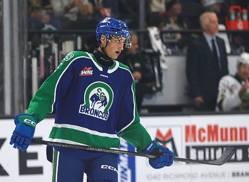 Swift Current Broncos defenceman Josh McGregor (5) is shown during Western Hockey League action at Westoba Place against the Brandon Wheat Kings on Oct. 5, 2024. (Perry Bergson/The Brandon Sun)
Oct. 5, 2024