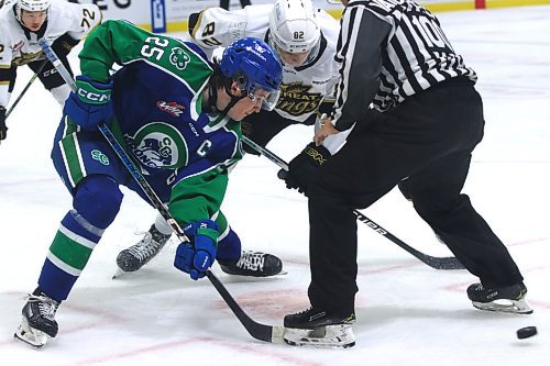 Swift Current Broncos forward Clarke Caswell (25) of Brandon and Brandon Wheat Kings forward Dominik Petr (82) take a draw during Western Hockey League action at Westoba Place on Saturday. (Perry Bergson/The Brandon Sun)
Oct. 5, 2024