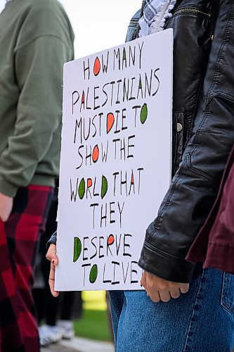 Mike Sudoma/Free Press
Pro Palestinian protesters hold signs and fly Palestinian flags during a rally at the Manitoba Legislative Grounds Saturday afternoon 
October 5, 2024
