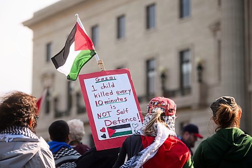 Mike Sudoma/Free Press
Pro Palestinian protesters hold signs and fly Palestinian flags during a rally at the Manitoba Legislative Grounds Saturday afternoon 
October 5, 2024
