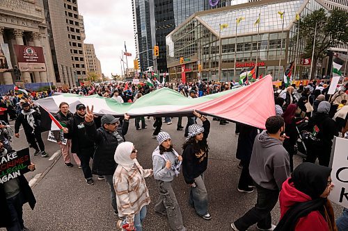 Mike Sudoma/Free Press
Saturdays pro Palestinian rally marches to the intersection of Portage and Main after a prior rally at the Manitoba Legislature 
October 5, 2024
