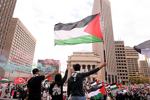 Mike Sudoma/Free Press
Pro Palestinian protesters young and old rally at the Portage and Main St intersection after marching from the Manitoba Legislature Saturday afternoon 
October 5, 2024
