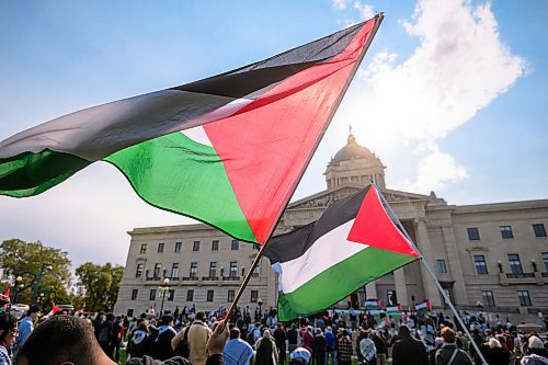 Mike Sudoma/Free Press
Palestinian flags fly as hundreds of pro Palestinian protesters rally at the Manitoba Legislative Grounds Saturday afternoon 
October 5, 2024
