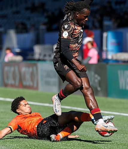 JOHN WOODS / WINNIPEG FREE PRESS
Forge FC&#x573; Malcolm Duncan (2) defends against Valour FC&#x573; Abdul Binate (19) during first half Canadian Premier League action in Winnipeg Sunday, October 6, 2024. 

Reporter: ?