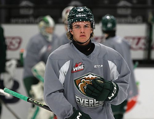 Everett Silvertips defenceman Kaeson Fisher, shown during practice at Westoba Place on Monday, could be skating against three of under-18 AAA Brandon Wheat Kings teammates tonight. (Perry Bergson/The Brandon Sun)
Oct. 7, 2024