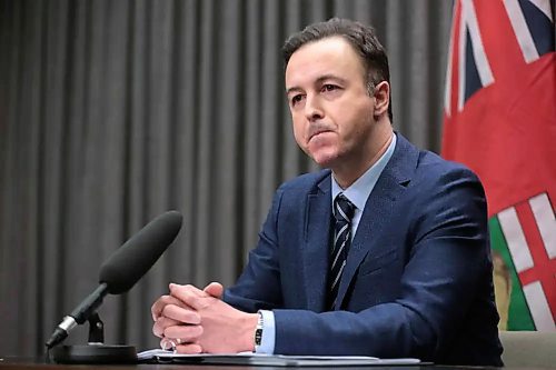 Finance Minister Adrien Sala Finance holds press conference at the Legislative Building on third quarter fiscal update Friday. (Ruth Bonneville/Winnipeg Free Press)