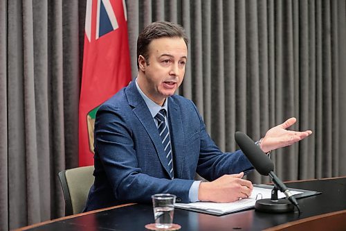 Finance Minister Adrien Sala holds a press conference at the Legislative Building on the third-quarter fiscal update Friday. He spoke of worsening provincial debt, overspending on health care and forensic audits of of the Northern Regional Health Authority and Shared Health as well as the Winnipeg, Interlake-Eastern and Prairie Mountain regional health authorities. (Ruth Bonnevile/Winnipeg Free Press)