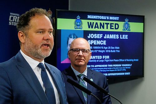 MIKE DEAL / FREE PRESS
Manitoba Justice Minister Matt Wiebe and Winnipeg Mayor Scott Gillingham speak about the Manitoba Integrated Violent Offenders Apprehension Unit (MIVOAU) has conducted since they started operations and announce the launch of a new MIVOAU Most Wanted webpage during a press conference at the Winnipeg Police headquarters Tuesday morning.
WPS Inspector Jennifer McKinnon, RCMP Inspector Shawn Pike, Manitoba Justice Minister Hon. Matt Wiebe, Winnipeg Mayor Scott Gillingham, and Chair of Winnipeg Crime Stoppers Rob MacKenzie talk about the work that the Manitoba Integrated Violent Offenders Apprehension Unit (MIVOAU) has conducted since they started operations and announce the launch of a new MIVOAU Most Wanted webpage.
Reporter: Tyler Searle
241008 - Tuesday, October 08, 2024.