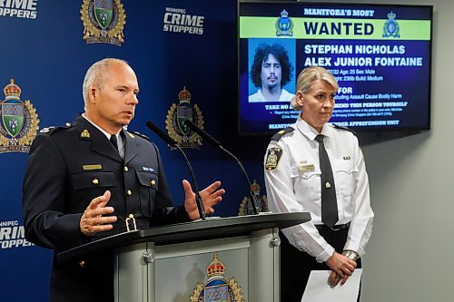 MIKE DEAL / FREE PRESS
RCMP Inspector Shawn Pike and WPS Inspector Jennifer McKinnon speak about the Manitoba Integrated Violent Offenders Apprehension Unit (MIVOAU) has conducted since they started operations and announce the launch of a new MIVOAU Most Wanted webpage during a press conference at the Winnipeg Police headquarters Tuesday morning.
WPS Inspector Jennifer McKinnon, RCMP Inspector Shawn Pike, Manitoba Justice Minister Hon. Matt Wiebe, Winnipeg Mayor Scott Gillingham, and Chair of Winnipeg Crime Stoppers Rob MacKenzie talk about the work that the Manitoba Integrated Violent Offenders Apprehension Unit (MIVOAU) has conducted since they started operations and announce the launch of a new MIVOAU Most Wanted webpage.
Reporter: Tyler Searle
241008 - Tuesday, October 08, 2024.