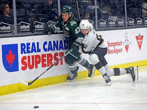 Dominik Petr of the Brandon Wheat Kings checks Kaden Hammell of the Everett Silvertips into the boards during WHL action at Westoba Place on Tuesday evening. (Tim Smith/The Brandon Sun)