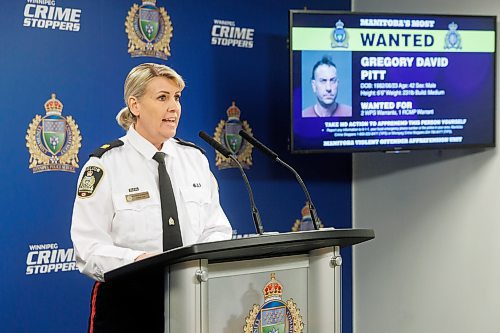 MIKE DEAL / FREE PRESS
WPS Inspector Jennifer McKinnon speaks about the Manitoba Integrated Violent Offenders Apprehension Unit (MIVOAU) has conducted since they started operations and announce the launch of a new MIVOAU Most Wanted webpage during a press conference at the Winnipeg Police headquarters Tuesday morning.
WPS Inspector Jennifer McKinnon, RCMP Inspector Shawn Pike, Manitoba Justice Minister Hon. Matt Wiebe, Winnipeg Mayor Scott Gillingham, and Chair of Winnipeg Crime Stoppers Rob MacKenzie talk about the work that the Manitoba Integrated Violent Offenders Apprehension Unit (MIVOAU) has conducted since they started operations and announce the launch of a new MIVOAU Most Wanted webpage.
Reporter: Tyler Searle
241008 - Tuesday, October 08, 2024.