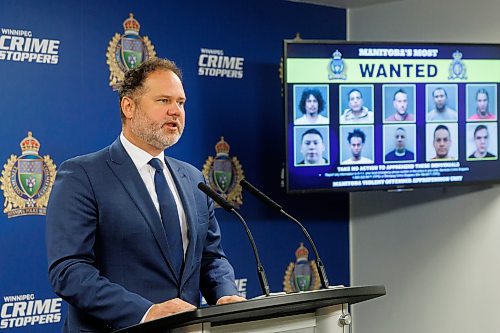 MIKE DEAL / FREE PRESS
Manitoba Justice Minister, Matt Wiebe, speaks about the Manitoba Integrated Violent Offenders Apprehension Unit (MIVOAU) has conducted since they started operations and announce the launch of a new MIVOAU Most Wanted webpage during a press conference at the Winnipeg Police headquarters Tuesday morning.
WPS Inspector Jennifer McKinnon, RCMP Inspector Shawn Pike, Manitoba Justice Minister Hon. Matt Wiebe, Winnipeg Mayor Scott Gillingham, and Chair of Winnipeg Crime Stoppers Rob MacKenzie talk about the work that the Manitoba Integrated Violent Offenders Apprehension Unit (MIVOAU) has conducted since they started operations and announce the launch of a new MIVOAU Most Wanted webpage.
Reporter: Tyler Searle
241008 - Tuesday, October 08, 2024.