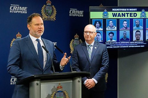 MIKE DEAL / FREE PRESS
Manitoba Justice Minister Matt Wiebe and Winnipeg Mayor Scott Gillingham speak about the Manitoba Integrated Violent Offenders Apprehension Unit (MIVOAU) has conducted since they started operations and announce the launch of a new MIVOAU Most Wanted webpage during a press conference at the Winnipeg Police headquarters Tuesday morning.
WPS Inspector Jennifer McKinnon, RCMP Inspector Shawn Pike, Manitoba Justice Minister Hon. Matt Wiebe, Winnipeg Mayor Scott Gillingham, and Chair of Winnipeg Crime Stoppers Rob MacKenzie talk about the work that the Manitoba Integrated Violent Offenders Apprehension Unit (MIVOAU) has conducted since they started operations and announce the launch of a new MIVOAU Most Wanted webpage.
Reporter: Tyler Searle
241008 - Tuesday, October 08, 2024.