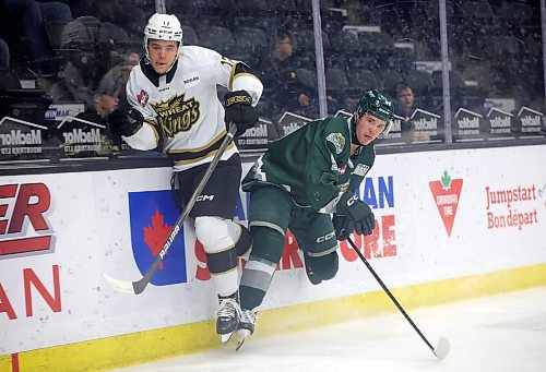 08102024
Joby Baumuller #17 of the Brandon Wheat Kings and Landon DuPont #9 of the Everett Silvertips collide along the glass during WHL action at Westoba Place on Tuesday evening.
(Tim Smith/The Brandon Sun)