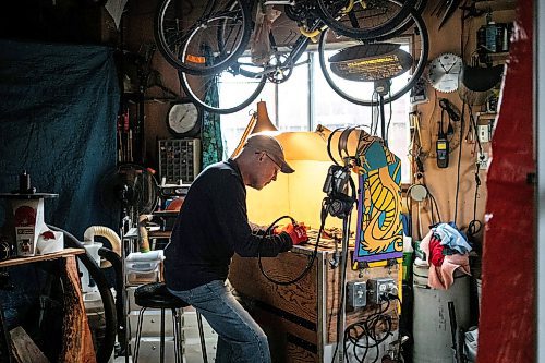 MIKAELA MACKENZIE / WINNIPEG FREE PRESS
	
Jeff Nelson, who makes wooden pipes for pot smokers, works in his garage workshop on Monday, Sept. 23, 2024. 

For AV story.
Winnipeg Free Press 2024