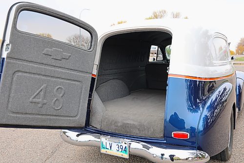 The rear door of the Sedan Delivery, which swings open. The door and the indent in the chrome bumper make it easy to load and unload. (Michele McDougall/The Brandon Sun)  