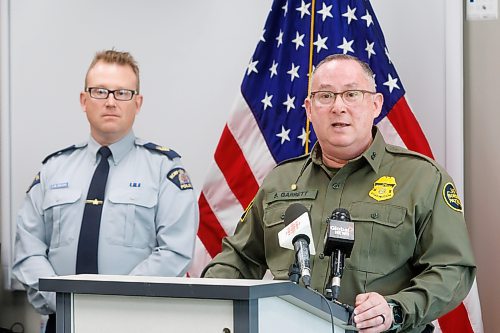 MIKE DEAL / FREE PRESS
Sergeant Lance Goldau (left), head of the Manitoba RCMP&#x2019;s Integrated Border Enforcement Team and U.S. Chief Border Patrol Agent Scott Garrett speak during a press conference at their headquarters in Pembina, North Dakota, Thursday morning.
Manitoba RCMP officers and agents from United States Border Patrol met first in Pembina, North Dakota and then at Emerson, MB, Thursday morning, to talk about border safety and showcase some of the equipment used in preventing border incursions.
Reporter: Erik Pindera
241010 - Thursday, October 10, 2024.