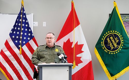 MIKE DEAL / FREE PRESS
U.S. Chief Border Patrol Agent Scott Garrett speaks during a press conference at their headquarters in Pembina, North Dakota, Thursday morning.
Manitoba RCMP officers and agents from United States Border Patrol met first in Pembina, North Dakota and then at Emerson, MB, Thursday morning, to talk about border safety and showcase some of the equipment used in preventing border incursions.
Reporter: Erik Pindera
241010 - Thursday, October 10, 2024.