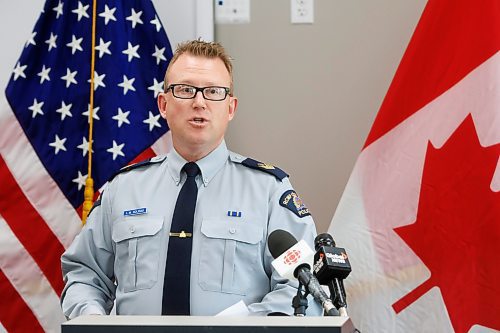 MIKE DEAL / FREE PRESS
Sergeant Lance Goldau, head of the Manitoba RCMP&#x2019;s Integrated Border Enforcement Team speaks during a press conference at the U.S. Border Control headquarters in Pembina, North Dakota, Thursday morning.
Manitoba RCMP officers and agents from United States Border Patrol met first in Pembina, North Dakota and then at Emerson, MB, Thursday morning, to talk about border safety and showcase some of the equipment used in preventing border incursions.
Reporter: Erik Pindera
241010 - Thursday, October 10, 2024.