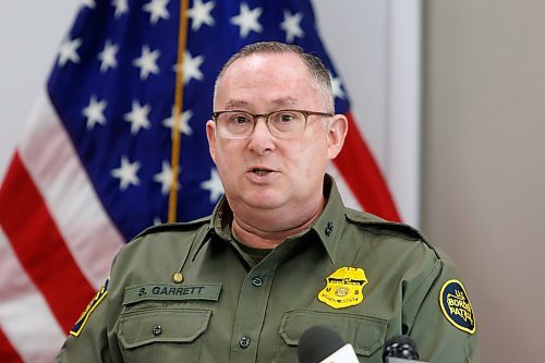 MIKE DEAL / FREE PRESS
U.S. Chief Border Patrol Agent Scott Garrett speaks during a press conference at their headquarters in Pembina, North Dakota, Thursday morning.
Manitoba RCMP officers and agents from United States Border Patrol met first in Pembina, North Dakota and then at Emerson, MB, Thursday morning, to talk about border safety and showcase some of the equipment used in preventing border incursions.
Reporter: Erik Pindera
241010 - Thursday, October 10, 2024.