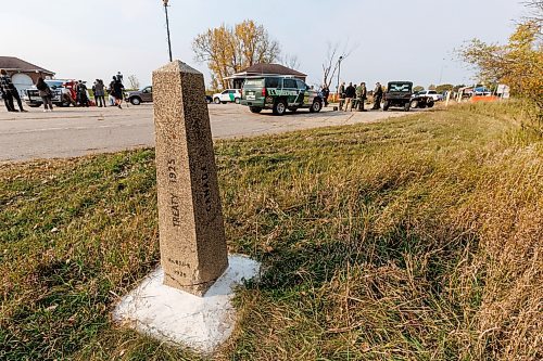 MIKE DEAL / FREE PRESS
An old marker indicates where the border between Canada and the United States is located near the old border crossing in Emerson, MB, Thursday morning.
Manitoba RCMP officers and agents from United States Border Patrol met first in Pembina, North Dakota and then at Emerson, MB, Thursday morning, to talk about border safety and showcase some of the equipment used in preventing border incursions.
Reporter: Erik Pindera
241010 - Thursday, October 10, 2024.