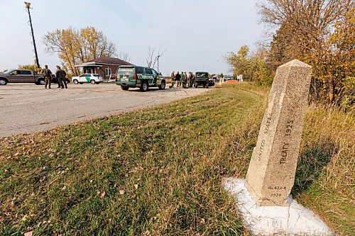 MIKE DEAL / FREE PRESS
An old marker indicates where the border between Canada and the United States is located near the old border crossing in Emerson, MB, Thursday morning.
Manitoba RCMP officers and agents from United States Border Patrol met first in Pembina, North Dakota and then at Emerson, MB, Thursday morning, to talk about border safety and showcase some of the equipment used in preventing border incursions.
Reporter: Erik Pindera
241010 - Thursday, October 10, 2024.