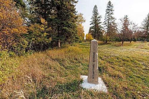 MIKE DEAL / FREE PRESS
An old marker indicates where the border between Canada and the United States is located near the old border crossing in Emerson, MB, Thursday morning.
Manitoba RCMP officers and agents from United States Border Patrol met first in Pembina, North Dakota and then at Emerson, MB, Thursday morning, to talk about border safety and showcase some of the equipment used in preventing border incursions.
Reporter: Erik Pindera
241010 - Thursday, October 10, 2024.