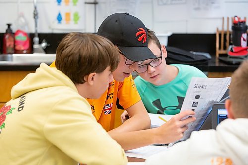 BROOK JONES / FREE PRESS
Grade 8 STEM Option students Ty Mitchell (middle), Xavier Lamb (left) and Nolan Grantham (right) are pictured at &#xc9;cole Stonewall Centennial School in Stonewall, Man., Thursday, Oct. 10, 2024. STEM 8 Option students particpate in the Canadian Space Agency's Rover Driving Academy with the company's mission control. Student teams were able to command via a remote computer accesss program a rover on a simulated lunar surface that the Canaidan Space Agency is developing in Longueil, Que., to go to the moon's surface.