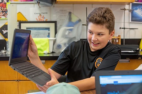 BROOK JONES / FREE PRESS
Grade 8 STEM Option student Reed Moran is pictured at &#xc9;cole Stonewall Centennial School in Stonewall, Man., Thursday, Oct. 10, 2024. STEM 8 Option students particpate in the Canadian Space Agency's Rover Driving Academy with the company's mission control. Student teams were able to command via a remote computer accesss program a rover on a simulated lunar surface that the Canaidan Space Agency is developing in Longueil, Que., to go to the moon's surface.