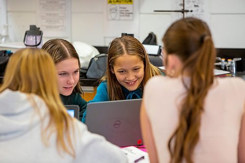 BROOK JONES / FREE PRESS
Grade 8 STEM Option students Paige Bernier left) and Kaylee McKillop are pictured at &#xc9;cole Stonewall Centennial School in Stonewall, Man., Thursday, Oct. 10, 2024. STEM 8 Option students particpate in the Canadian Space Agency's Rover Driving Academy with the company's mission control. Student teams were able to command via a remote computer accesss program a rover on a simulated lunar surface that the Canaidan Space Agency is developing in Longueil, Que., to go to the moon's surface.