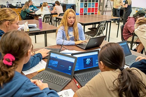 BROOK JONES / FREE PRESS
Grade 8 STEM Option students Ashley Schneider pictured at &#xc9;cole Stonewall Centennial School in Stonewall, Man., Thursday, Oct. 10, 2024. STEM 8 Option students particpate in the Canadian Space Agency's Rover Driving Academy with the company's mission control. Student teams were able to command via a remote computer accesss program a rover on a simulated lunar surface that the Canaidan Space Agency is developing in Longueil, Que., to go to the moon's surface.