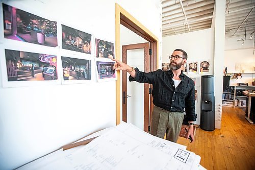 MIKAELA MACKENZIE / FREE PRESS

	
Co-owner Adam Bumbolo points out renderings for the Barcade space at Fireside Design offices on Wednesday, July 31, 2024. 

For Eva story.