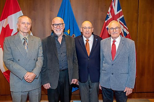 BROOK JONES/FREE PRESS
The Winnipeg Boys Choir is celebrating its centennial this year. Winnipeg Boys Choir alumni (from left) Frank Caligiuri, Keith Black, Bill Stewart and Jim Shephered, who sang in the choir from 1942 to 1945, are pictured at Government House in Winnipeg, Man., Thursday, Oct. 10, 2024. The local choir performed for Lt.-Gov. Anita Neville in celebration of their centennial milestone.