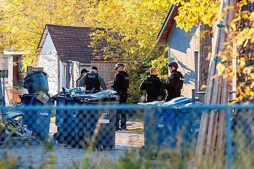 MIKE DEAL / FREE PRESS
Winnipeg Police Service tactical unit along with the armoured truck, drone operators and K9 units surround a house at 781 Flora Avenue to serve a search warrant early Friday morning. An ambulance and two Animal Services vans were on the scene as well.
241011 - Friday, October 11, 2024.