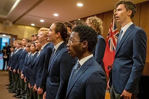 BROOK JONES/FREE PRESS
The Winnipeg Boys Choir is celebrating its centennial this year. Pictured. The Winnipeg Boys Choir senior chorus sing Regina Coeli by Dan Davison as co-conductor Spencer Duncanson leads the group at Government House in Winnipeg, Man., Thursday, Oct. 10, 2024. The local choir performed for Lt.-Gov. Anita Neville in celebration of their centennial milestone.