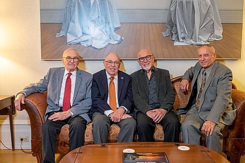 BROOK JONES/FREE PRESS
The Winnipeg Boys Choir is celebrating its centennial this year. Winnipeg Boys Choir alumni (from left) Jim Shephered, who sang in the choir from 1942 to 1945, Bill Stewart, Keith Black and Frank Caligiuri are pictured at Government House in Winnipeg, Man., Thursday, Oct. 10, 2024. The local choir performed for Manitoba Lt.-Gov. Anita Neville in celebration of their centennial milestone.