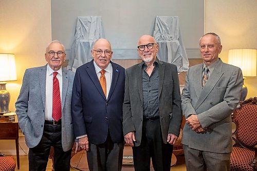 BROOK JONES/FREE PRESS
The Winnipeg Boys Choir is celebrating its centennial this year. Winnipeg Boys Choir alumni (from left) Jim Shephered, who sang in the choir from 1942 to 1945, Bill Stewart, Keith Black and Frank Caligiuri are pictured at Government House in Winnipeg, Man., Thursday, Oct. 10, 2024. The local choir performed for Manitoba Lt.-Gov. Anita Neville in celebration of their centennial milestone.