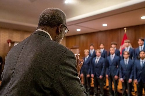 BROOK JONES/FREE PRESS
The Winnipeg Boys Choir is celebrating its centennial this year. Senior chorus conductor Spencer Duncanson leads the choir during a performance for Manitoba Lt.-Gov. Anita Neville in celebration of choir's centennial milestone at Government House in Winnipeg, Man., Thursday, Oct. 10, 2024.