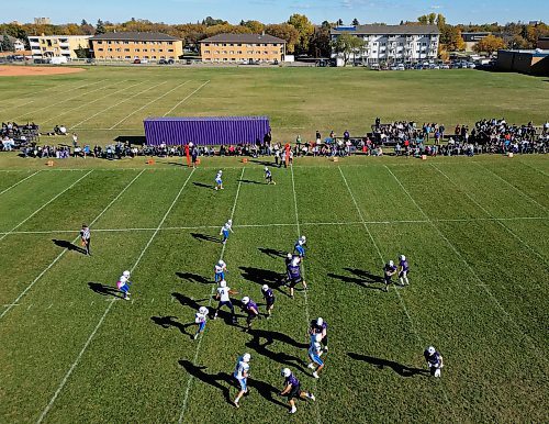 11102024
The Vincent Massey Vikings and the River East Kodiaks cast shadows as they go head-to-head in high school varsity football action at VMHS on a beautiful Friday afternoon. 
(Tim Smith/The Brandon Sun)