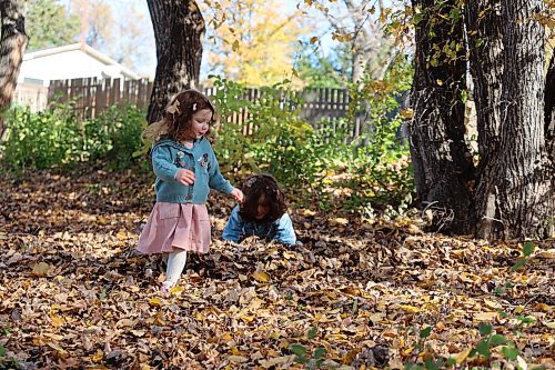 Brother and sister two-year-old Rowa (left) and four-year-old Levi play in the leaves on Thanksgiving Day near a walking path in Brandon's west end. (Michele McDougall/The Brandon Sun)