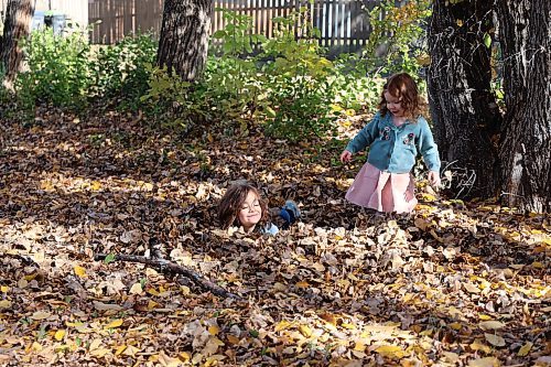 Brother and sister four-year-old Levi (left) and two-year-old Rowa play in the leaves on Thanksgiving Day near a walking path in Brandon's west end. (Michele McDougall/The Brandon Sun)